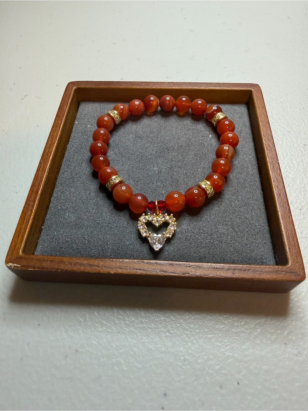 Red Agate Beaded Bracelet with Gold Heart Charm